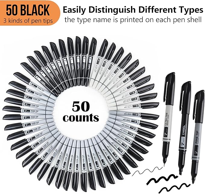 100 Permanent Markers Bulk - 50 Assorted Colors + 50 Black Drawing Marker Pens Set, Waterproof Quick Drying Colored Art Markers for Classroom Office School Store Supplies