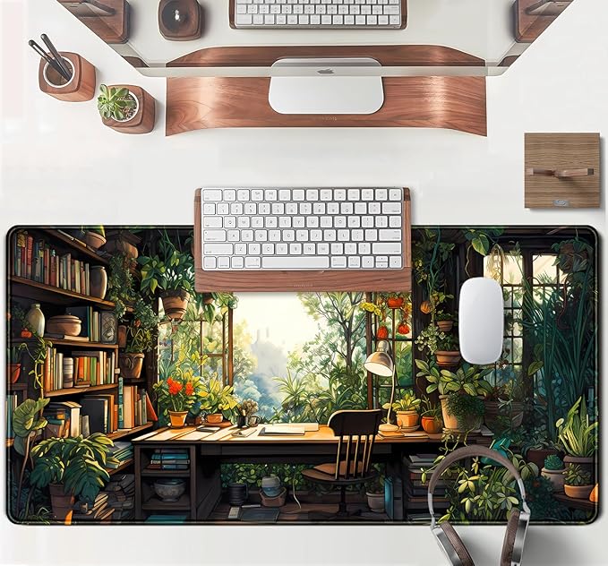 Green Plant Lovers Cute Desk Mat, Kawaii Desk Pad XXL Large Extended Lofi Mouse Pad Gaming Anime Mousepad, Big Laptop Computer Keyboard and Mouse Mat for Girl Women Office Desk Decor 31.5x15.7 in