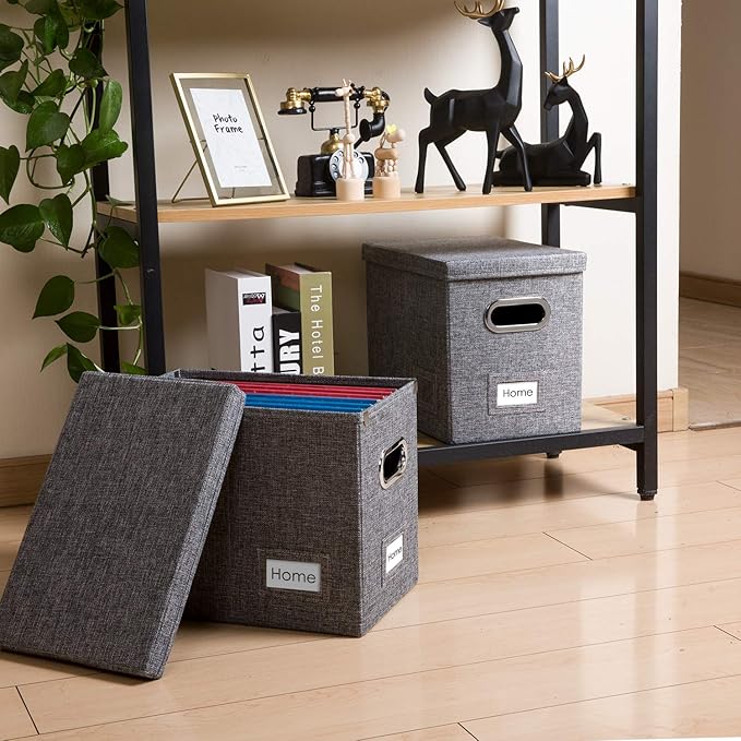 PRANDOM File Organizer Box - Set of 2 Collapsible Decorative Linen Filing Storage Hanging File Folders with Lids Office Cabinet Letter Size Grey (14x9.3x10.8 inch)