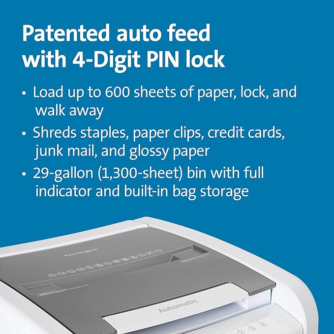Kensington Shredder - New OfficeAssist 600-Sheet Auto-Feed Micro Cut Anti-Jam Heavy Duty Shredder with 29 gallons Waste Capacity, Lockable Chamber and 4 Casters (K52052AM)