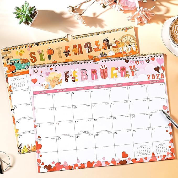 2026 Calendar - 2026 Wall Calendar, Jan. 2026 - Dec. 2026, 14.6'' x 11.4", 12 Months Hanging Monthly Calendar 2026, Holidays, Large Block, Twin-Wire Binding- 12 Different Themes