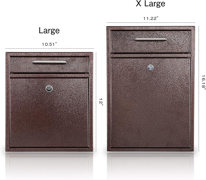 KYODOLED Steel Key Lock Mail Boxes Outdoor,Locking Wall Mount Mailbox,Security Key Drop Box,Collection Boxes,16.2Hx 11.22Lx 4.72W Inches,Bronze X Large