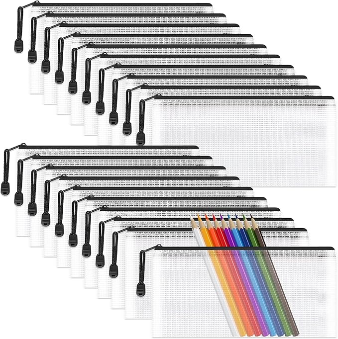 Umriox Clear Pencil Pouch, 9.2 x 4.7 in (Black, 20 Packs), A6 Pencil Bags with Zipper Bulk, Mesh Zipper Pouch for Bill Stationary Cosmetics Travel Storage