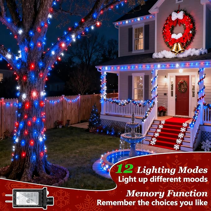 1500 LED 470FT Christmas Lights Outdoor, Christmas String Fairy Lights with Timer & Memory, Waterproof 12 Modes Dimmable Twinkle Tree Lights for Home Patio Wedding Party Yard Decor, Red White & Blue