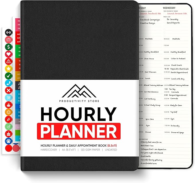 Hourly Planner & Appointment Book (8.5” x 11”) - Premium Hourly Planner with Daily Schedule & 30-Minute Time Slots for Better Time Management by PRODUCTIVITY STORE (A4, Black)