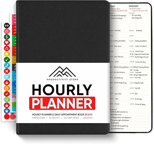 Hourly Planner & Appointment Book (8.5” x 11”) - Premium Hourly Planner with Daily Schedule & 30-Minute Time Slots for Better Time Management by PRODUCTIVITY STORE (A4, Black)
