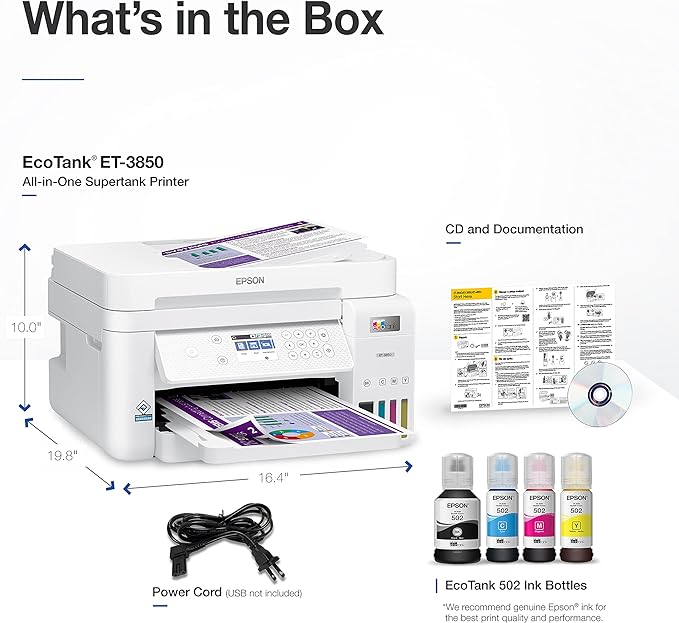 Epson EcoTank ET-3850 Wireless Color All-in-One Cartridge-Free Supertank Printer with Scanner, Copier, ADF and Ethernet – The Perfect Printer Home Office,White