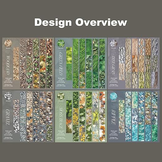 Nature-Inspired Washi Tape Set – 6 Decorative Rolls Featuring Realistic Plant, Pebble, Bark, Moss, and Water Designs for Journaling and Scrapbooking