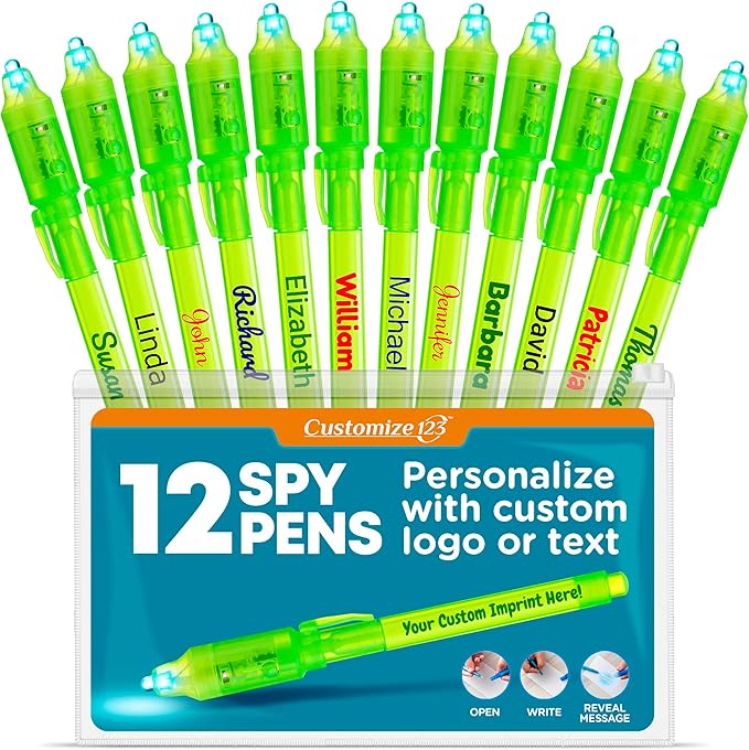 Personalized Invisible Disappearing Ink Pen Marker Pack, Custom Secret Spy Message Writer with UV Light, Fun for Kids Party Favors Gifts and Stock Stuffers,12 Pack, Green
