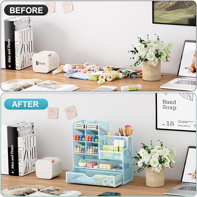 Marbrasse Mesh Pen Holder for Desk, Multi-Functional Pencil Organizer with Drawer, Desk Organizers and Accessories for Office Art Supplies (Blue)