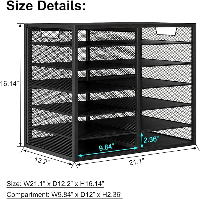 PAG Mass Mail Holder, Adjustable Countertop Literature Organizer, Student Mailbox, Desktop Bill Paper Organizer, 12 Compartments, Black