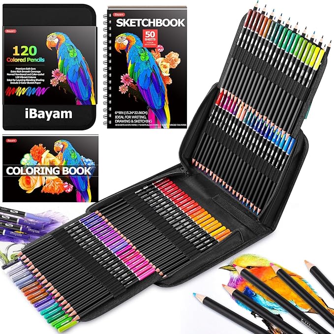 iBayam 123-Pack Colored Pencils Set with 3-Color Sketch Book, Coloring Pencils for Kids, Art Supplies Sketching Kits, Professional Artist Drawing Pencils for Artists, Adult