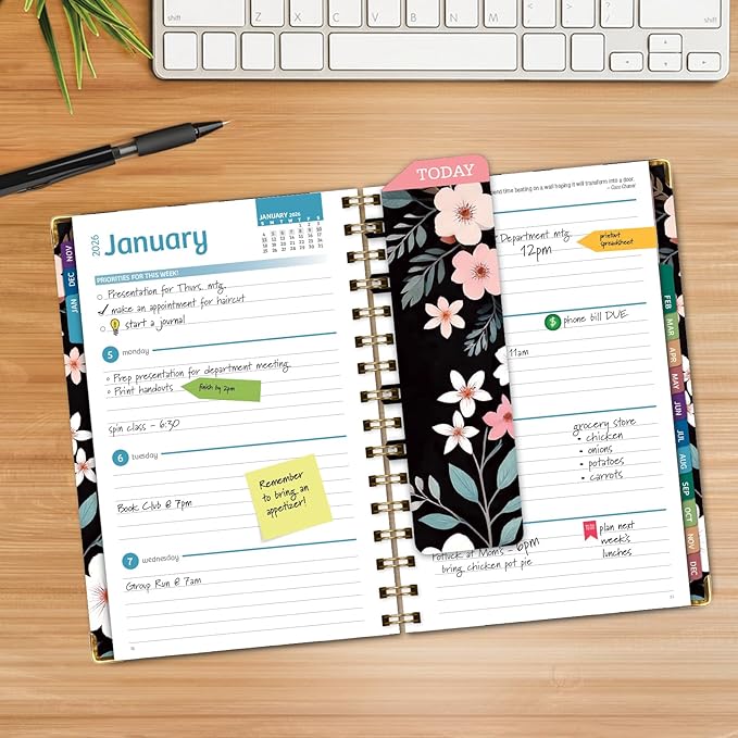 HARDCOVER 2026 Planner, 5.5"x8": 14 Months (November 2025 - December 2026), Daily Weekly Monthly Planner, Yearly Agenda, Bookmark, Pocket Folder and Sticky Note Set (Black Floral Pink)
