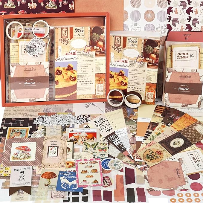 Funto Scrapbooking Kit(155 PCS), Warm Mail Series-Cocoa Brownie, Perfect for Bullet Scrapbooking Materials, Planner DIY Arts Craft Collage