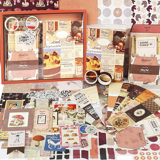 Funto Scrapbooking Kit(155 PCS), Warm Mail Series-Cocoa Brownie, Perfect for Bullet Scrapbooking Materials, Planner DIY Arts Craft Collage