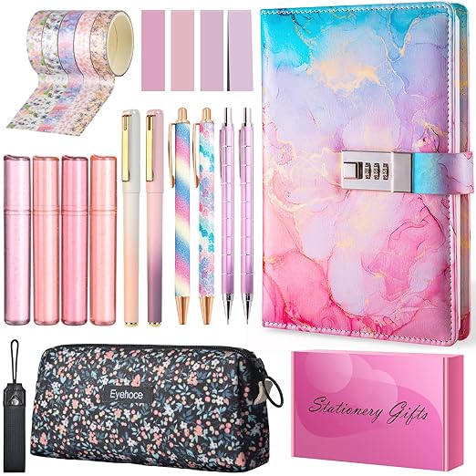 24 PCS Aesthetic School Supplies with Password Lock Notebook, Pen Case, Mechanical Pencils, Black Ink Gel Pens, Highlighters, Ballpoint Pens, Sticky Notes, Washi Tapes, Cute Stationery Essentials Set