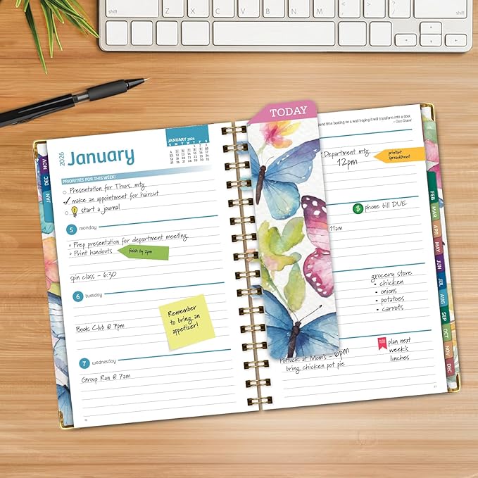 HARDCOVER 2026 Planner, 5.5"x8": 14 Months (November 2025 - December 2026), Daily Weekly Monthly Planner, Yearly Agenda, Bookmark, Pocket Folder and Sticky Note Set (Watercolor Butterflies)