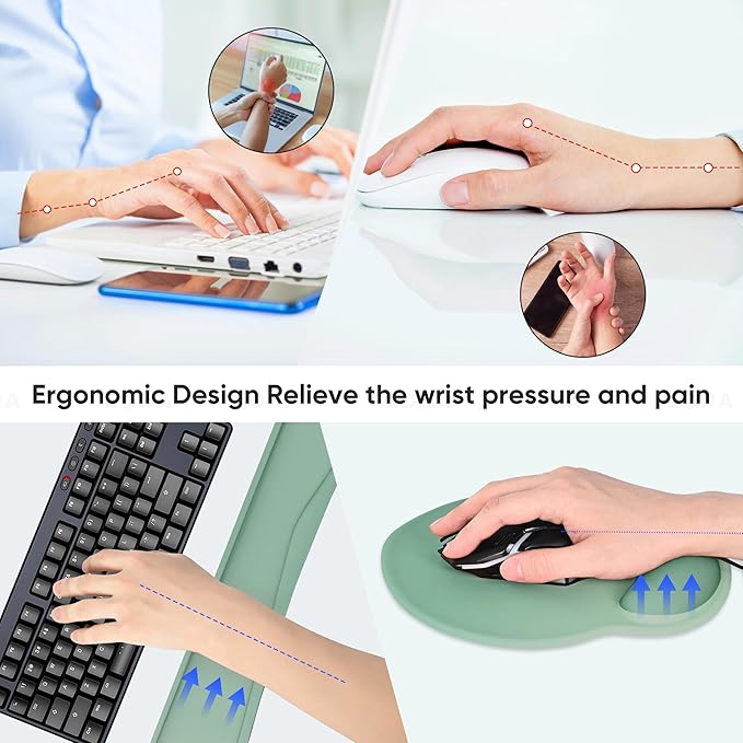 Ergonomic Keyboard Mouse Pad Wrist Rest Support Set for Laptop/Computer/Desktop,Memory Foam Hand Rest Wrist Cushion for Gaming/Office,Lightweight Comfortable & Pain Relief (Green)
