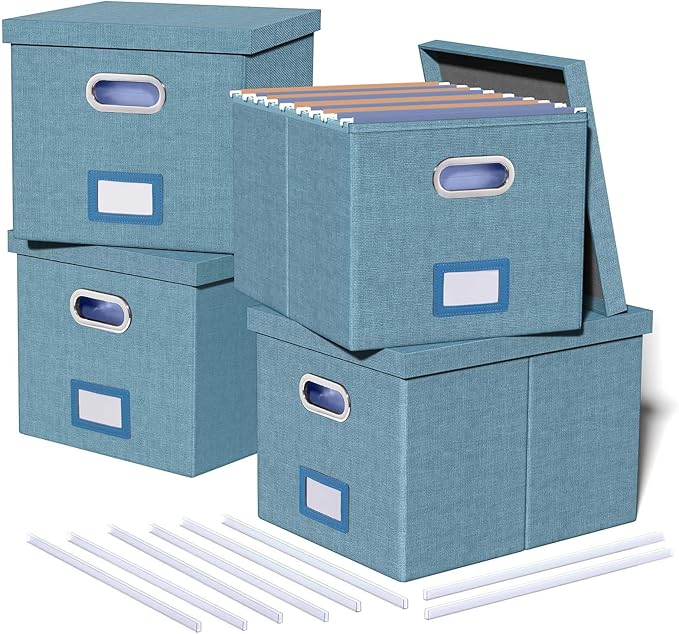 4 Pack File Storage Organizer, Document Organizer, Portable File Box with Lid, Fit for Letter/Legal File Folder Storage,Dark Blue-Box only
