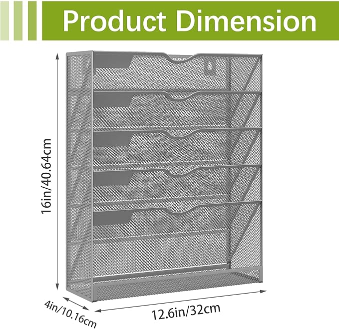 EasyPAG 5-Tier Wall File Holder, Mesh Hanging Folder Organizer with Classify Label, Versatile Desk File Organizer for Office Home, Vertical Wall Mounted Mail Sorter, Sides Closed, Silver
