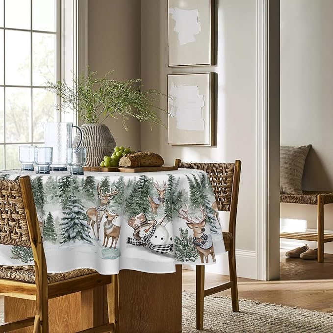Horaldaily Christmas Tablecloth 90×90 Inch Round, Deers Snowman Trees White Washable Table Cover for Party Picnic Dinner Decor