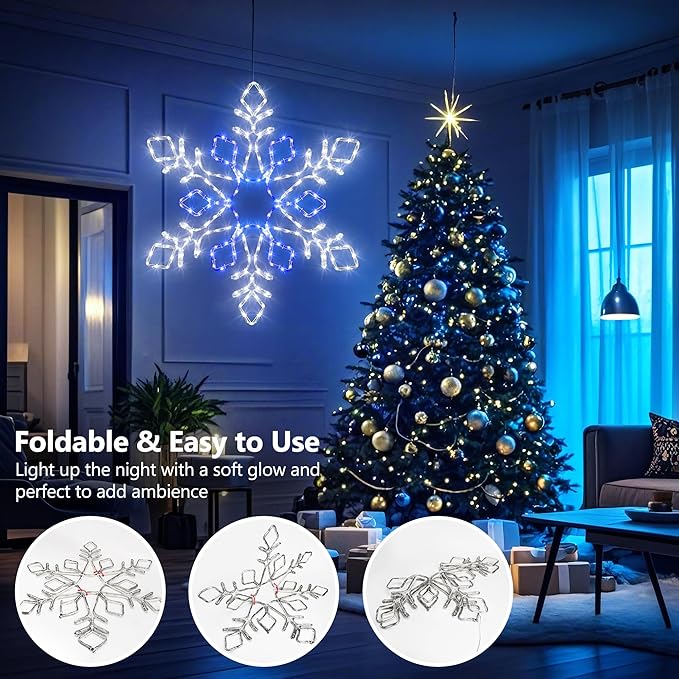 Joomer 35'' Christmas Large Snowflake Lights Decoration Waterproof Outdoor Christmas Lights Super Bright with Timer for Home Party Wall Hanging Light (White & Blue)