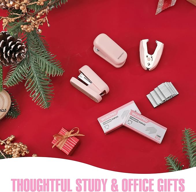 WORKPRO Mini Stapler with Staples, Pink Stapler Set Includes Two Small Staplers, One Staple Remover, 2000 Standard Staples - Cute Staplers for Desk with Non-Slip Base, Lock Design - Pink Ribbon