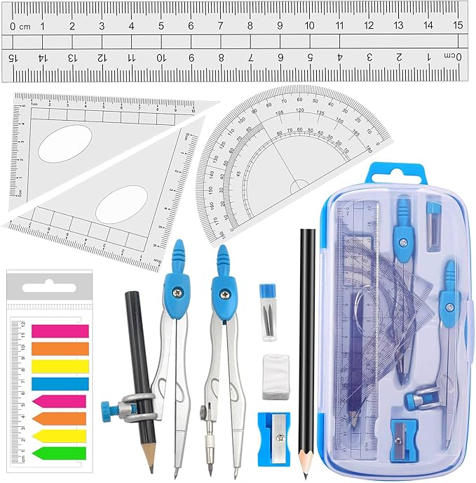 Math Compasses Back-to-School Starter Geometry Kit with 2 Drafting Compasses Protractor Set Squares Ruler and More for Students Maths Study Homework, Blue Set with Carry Case