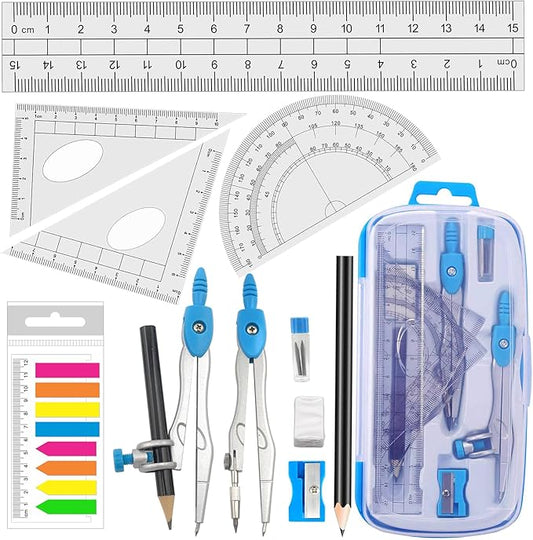 Math Compasses Back-to-School Starter Geometry Kit with 2 Drafting Compasses Protractor Set Squares Ruler and More for Students Maths Study Homework, Blue Set with Carry Case
