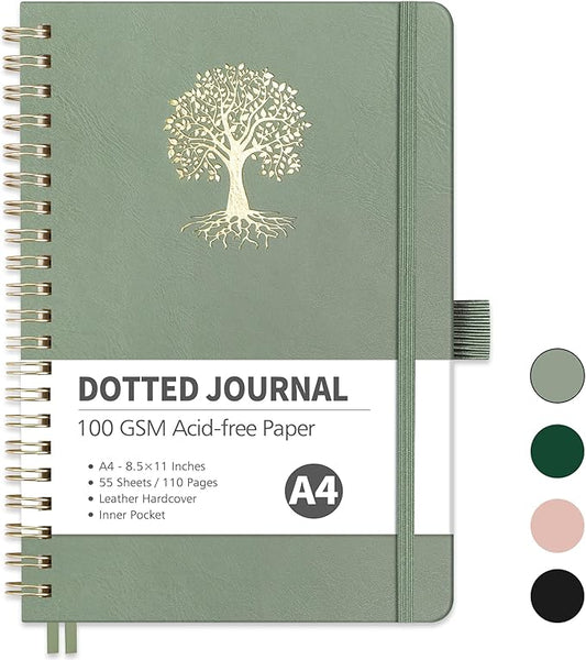 RETTACY Bullet Dotted Journal Notebook, 110 Pages, A4 Large Size (8.5" × 11"), Leather Hardcover, 100 GSM Thick Paper, Spiral-bound, for Bullet Journaling, Planning, Tracking (Light Green)