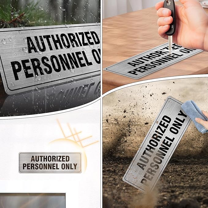 Authorized Personnel Only Sign Aluminum Silver 9 x 3 Inches Self-Adhesive Waterproof Metal Door Wall Sign for Business Offices 4 Pack