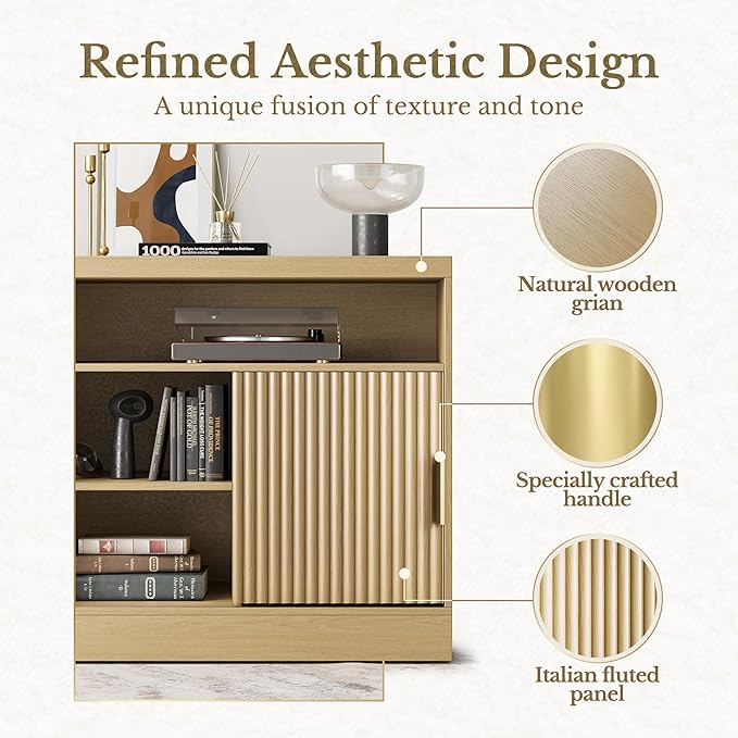 Fluted File Cabinet with Door, 32'' Lateral File Cabinet with Open Adjustable Shelves, Wood Filing Cabinet with Sliding Door for Home Office, Light Walnut