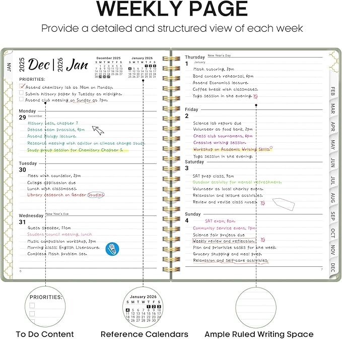 2026 Planner, Weekly and Monthly Calendar Planner, January 2026 - December 2026, Hardcover 2026 Calendar Planner Book with Tabs For Women & Men, Inner Pocket, Spiral Bound, Perfect for Office Home School Supplies - A5 (6.3" x 8.5"), Green