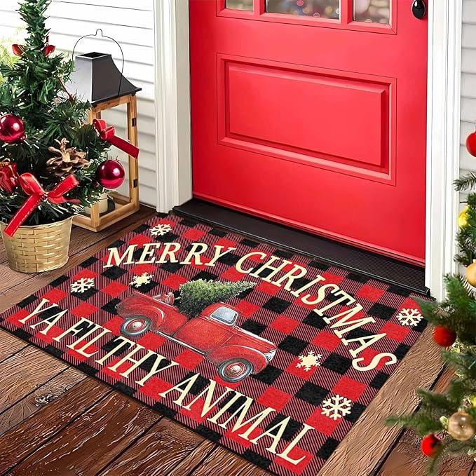 InterestPrint Merry Christmas Buffalo Plaid Truck Doormat, Red Plaid Door Mats with Non-Slip Backing Welcome Matt Outdoor Non Slip Rubber Entry Doormat Entrance Mat, 16" x 24" Inch