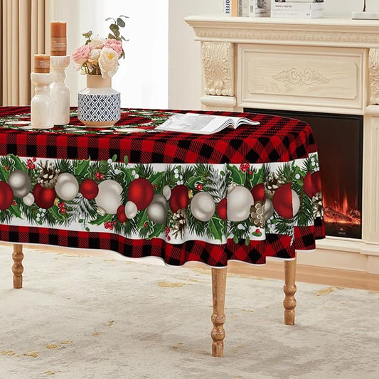 Horaldaily Christmas Tablecloth 60×84 Inch Oval, Christmas Ball Ornaments Red Bufalo Plaid Washable Table Cover for Party Picnic Dinner Decor