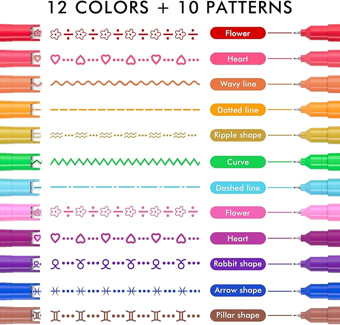 12 Colored Curve Highlighter Pen Set, 10 Different Shapes Dual Tip Markers Cool Pens for Journal Planner Scrapbook Art Office School Supplies for Kids Adults Journaling Drawing Note Taking