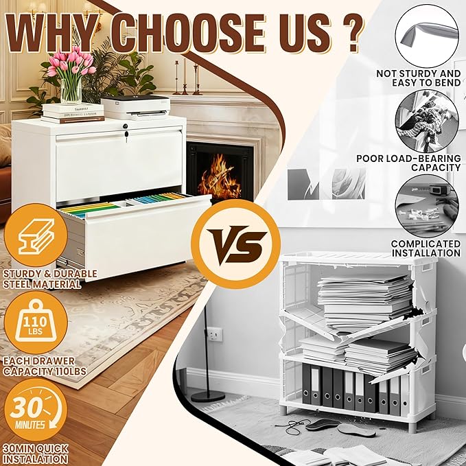 2-Drawer Lateral File Cabinet with Lock, Black Metal Filing Cabinet for Office or Home – Secure Storage for Letter/Legal/A4/F4 Documents, Easy to Assemble Locking File Organizer (White, 2 Drawer-26"W)