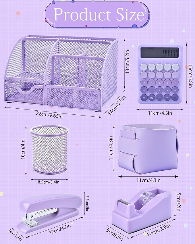 23pc Purple Desk Accessories and Organizers with Mesh Organizer Stapler Tape Dispenser Calculator and a Lot of Office Purple Office Supplies Beautifully Presented in a Gift Box