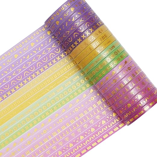 YUBX Skinny Gold Washi Tape Set Basic Foil Print Decorative Masking Tapes for Arts, DIY Crafts, Journals, Planners, Scrapbook, Wrapping (Dreamy Waltz)