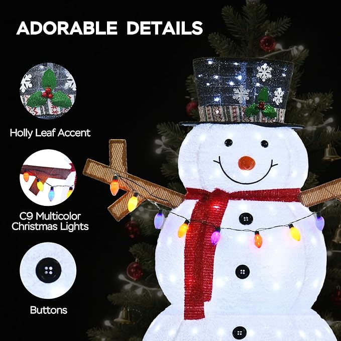 5ft Lighted Pop-up Snowman Outdoor Christmas Lawn Decor, 60" Large 3D Snowman Holiday Decoration with White 200 LEDs for Lawn, Yard, Garden