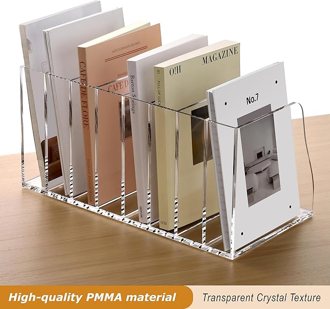 SANRUI Acrylic Desk File Organizer, 8 Vertical Compartments Clear Magazine File Holder Workspace Sorters, Folder Rack for Office Accessories Organization Storage