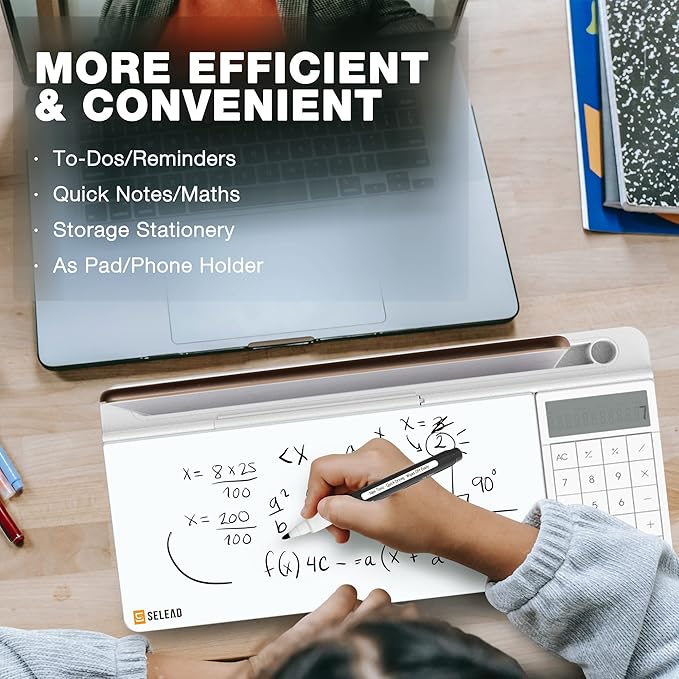 SELEAD Desktop Glass Whiteboard with Calculator, Organizer, Markers, Eraser, Holder - Small Dry Erase White Board Computer Pad Keyboard Stand Desk Drawer Accessories for Home, School, Office