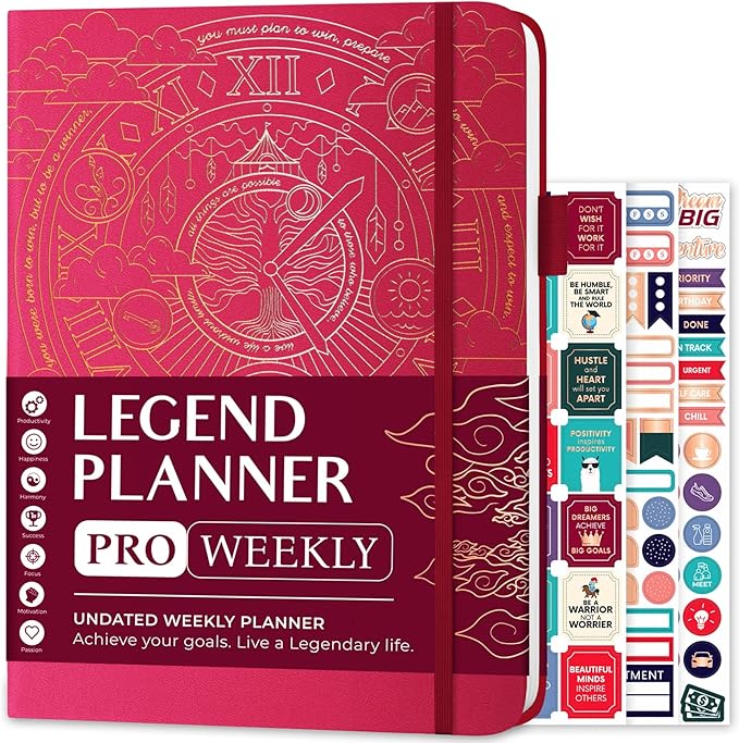 Legend Planner PRO – Deluxe Weekly & Monthly Life Planner to Increase Productivity and Hit Your Goals. Time Management Organizer Notebook – Undated – 7 x 10" Hardcover + Stickers – Hot Pink