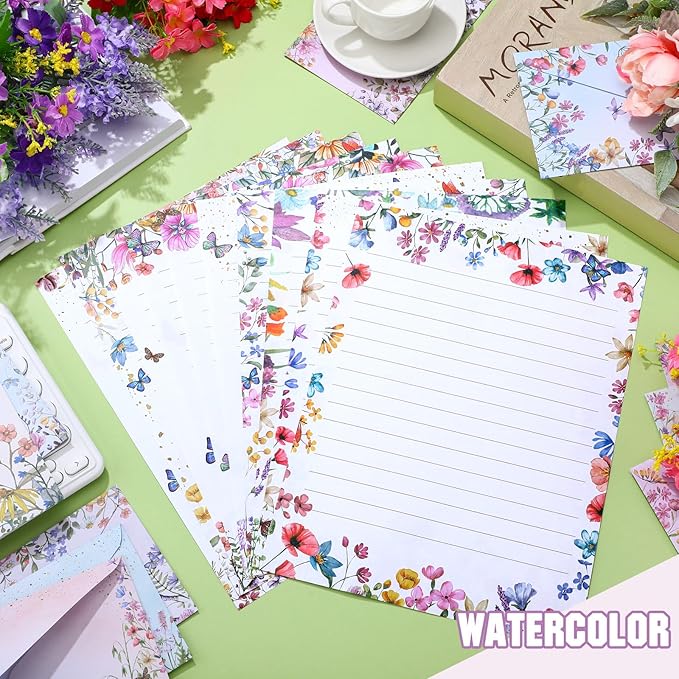 TaoBary 160 Pcs Stationery Paper Set 50 Double Sided Stationery Papers with 50 Matching Envelopes and 60 Round Dot Sticker, 10 Design(Wildflower,8.5 x 11 Inch)