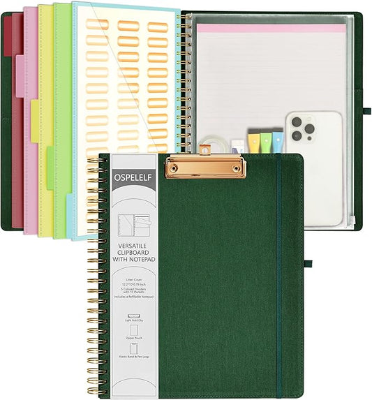 Ospelelf Foldable Spiral Clipboard Folio with Storage Zipper Pouch, 5 Plastic Folders with 10 Pockets,Refillable Lined Notepad (11" x 8.5"), Hardcover Project Organizer with 39 Stickers (Dark Green)