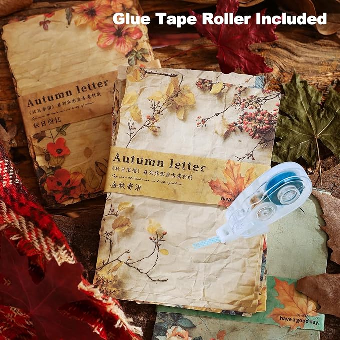 Autumn-Themed Vintage Scrapbook Paper Set, 180 PCS Floral Craft Paper Kit with Glue Tape for Journaling, Scrapbooking, DIY Crafts, and Art Supplies