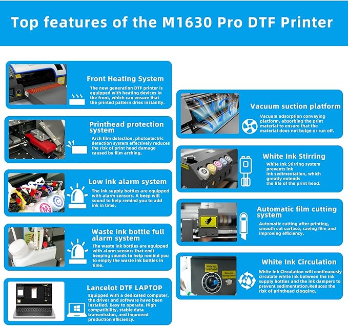 Lancelot Auto-Maintenance M1630 Pro-DTF Printer Machine-Doubled Speed Over L1800 with Auto-Powder Shaker Dryer,White Ink Circulation & Auto-Film Cutter,DTF Printer Bundle for T Shirt Printing