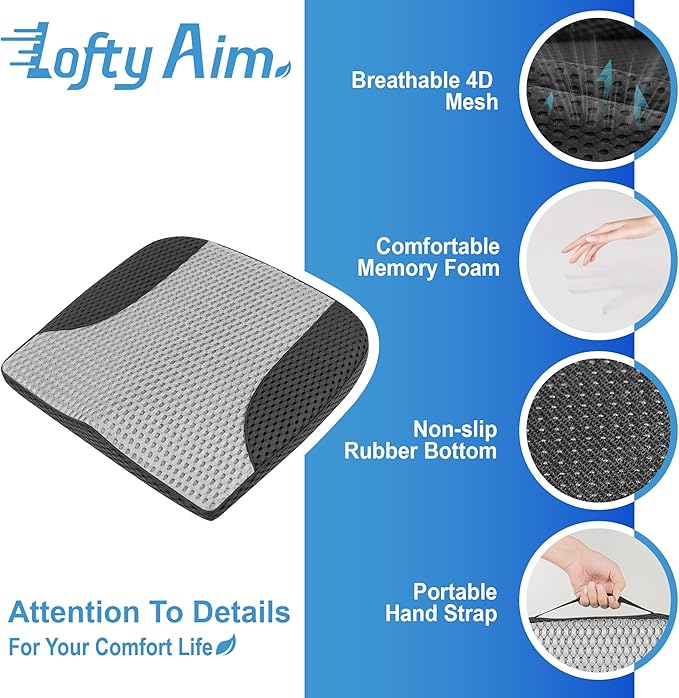Car Seat Cushion, Comfortable Memory Foam Seat Pillow for Driving, Sciatica-Back Pain Relief, Cushion for Car-Truck, Office, Wheelchair - Mesh Black&Gray
