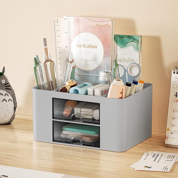 Marbrasse Pen Organizer with 2 Drawer, Multi-Functional Pencil Holder for Desk, Desk Organizers and Accessories with 5 Compartments + Drawer for Office Art Supplies (Grey)