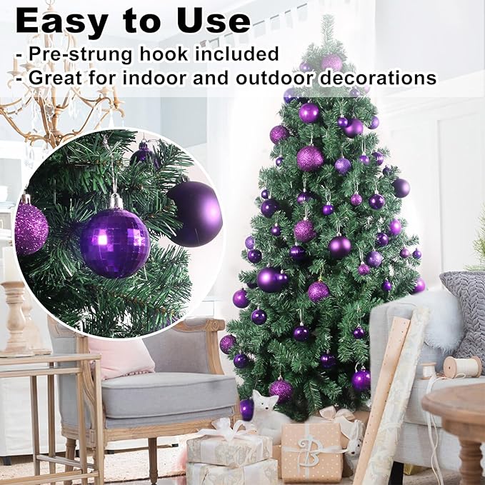 GameXcel 24Pcs Christmas Balls Ornaments for Xmas Tree - Shatterproof Christmas Tree Decorations Medium Hanging Ball Purple 2.5in x 24 Pack